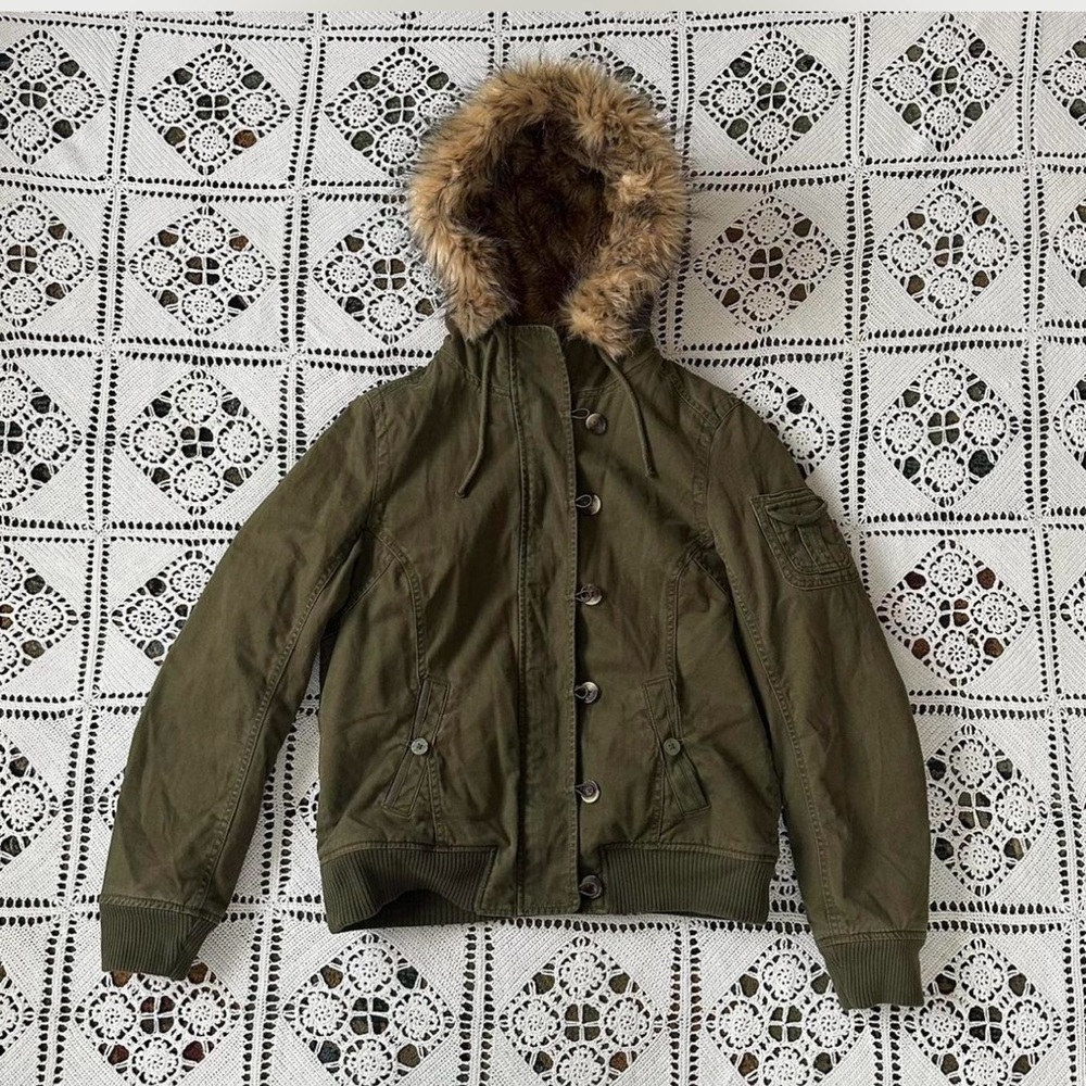 Olive Green Hooded Jacket with Faux Fur Trim